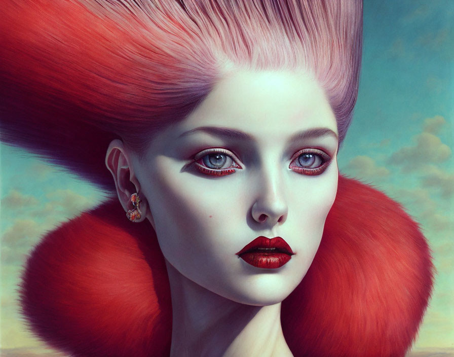 Portrait of person with red hair, pale skin, red lips, and captivating eyes on cloudy sky backdrop