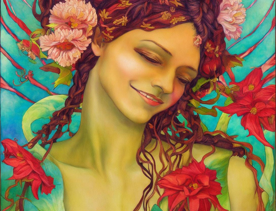 Woman with serene expression and floral hair adornment in vibrant red and green backdrop.