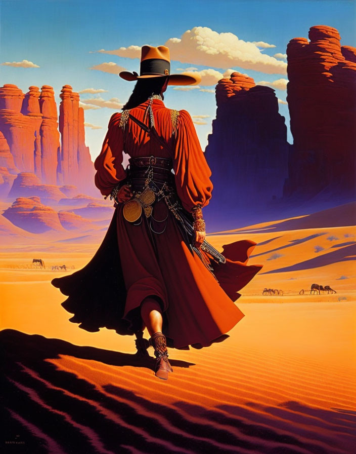 Person in Red Cloak and Cowboy Hat Walking Among Desert Rock Formations