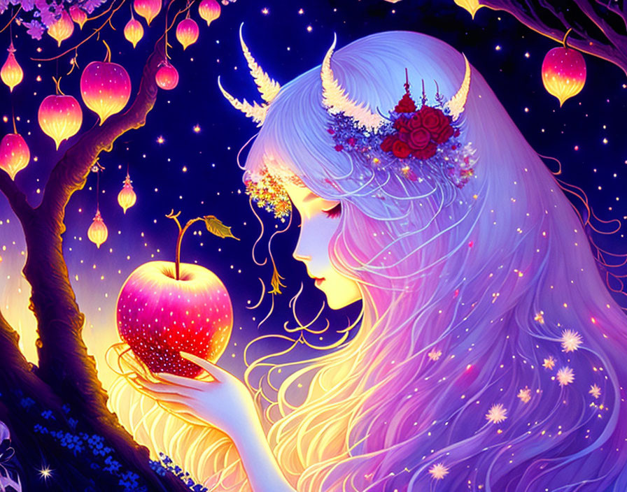 Illustration of woman with horns and floral crown holding glowing apple under starry sky