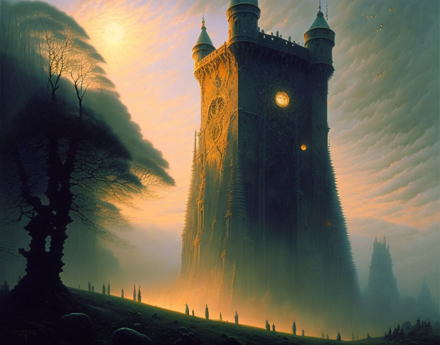 Fantasy landscape with ornate tower, setting sun, eerie tree, and swirling clouds