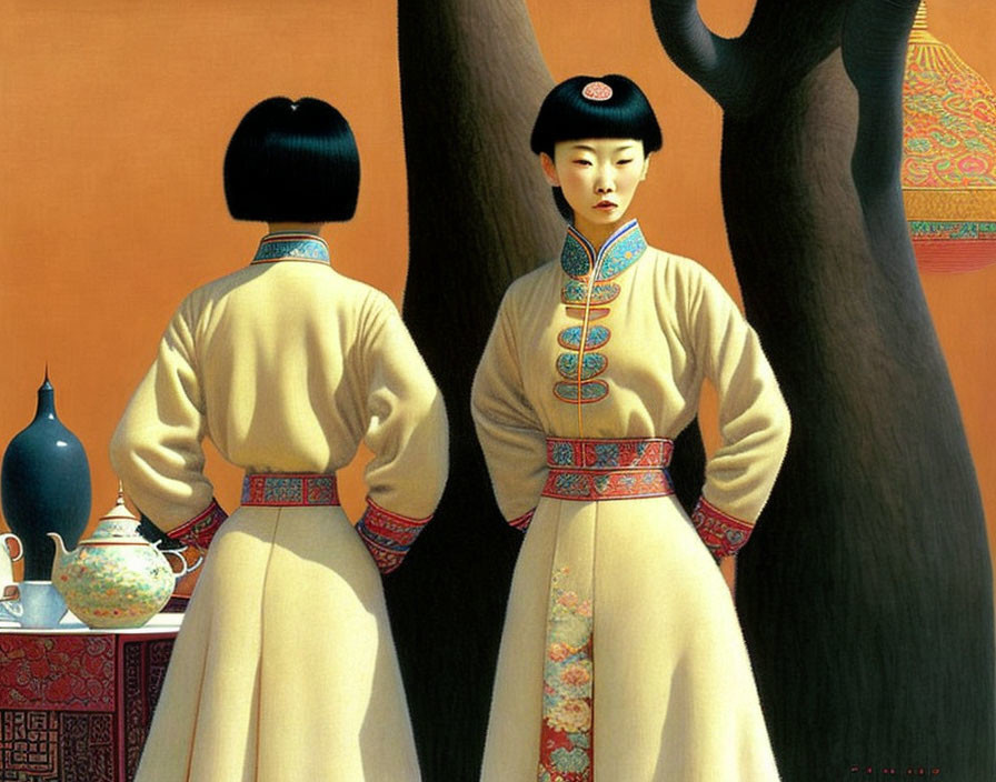 Traditional Asian attire: Two figures against orange backdrop