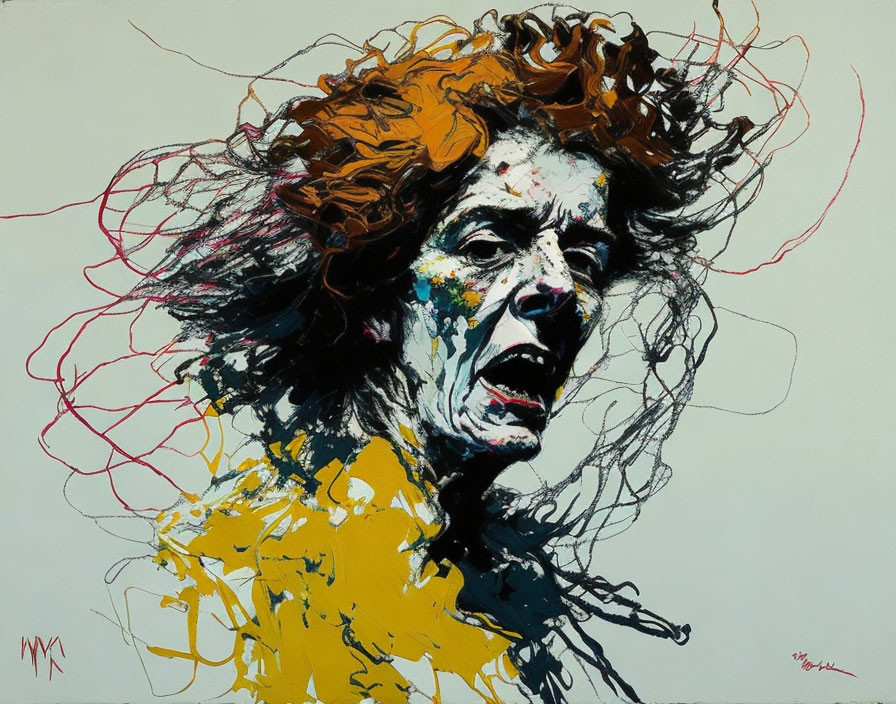 Vibrant painting of person with flowing hair in yellow and red splashes