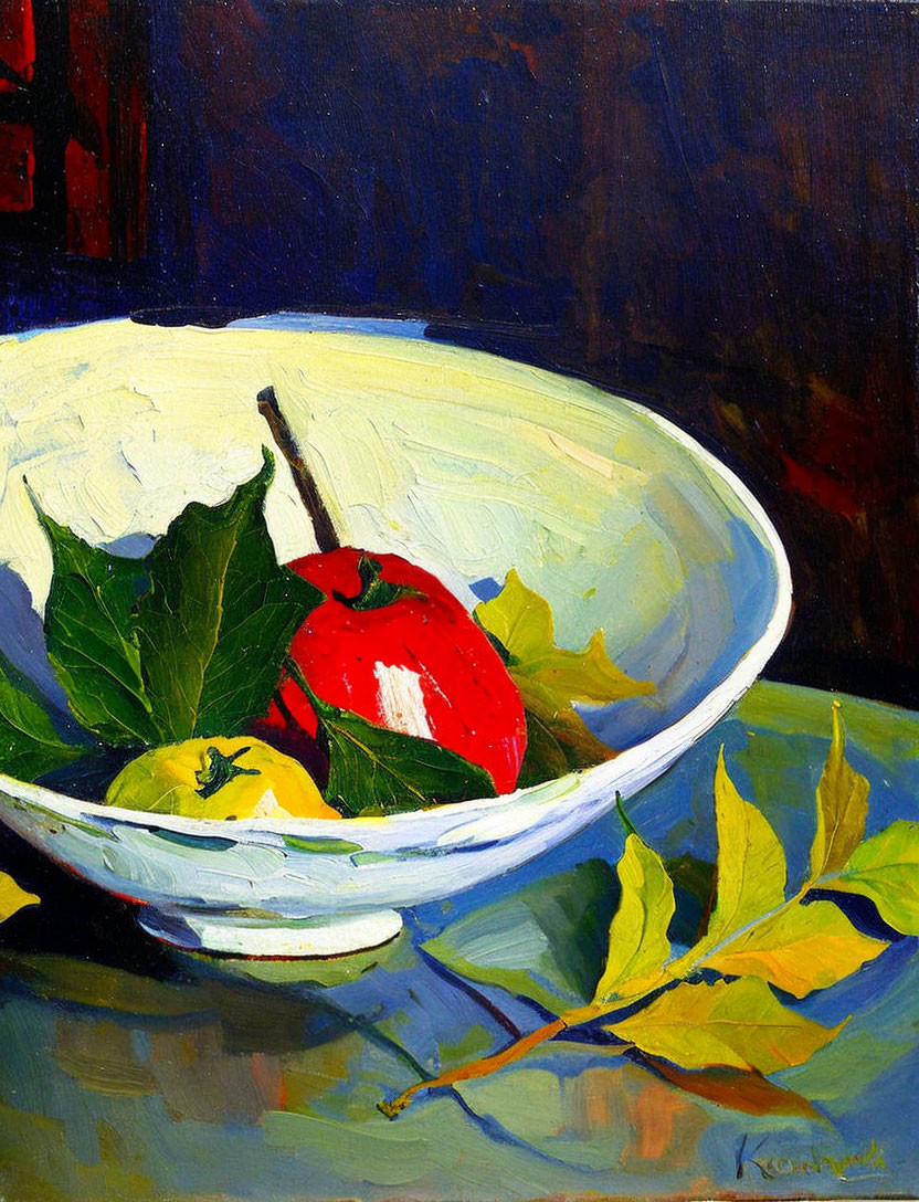 Still life oil painting of red and yellow apples in white bowl on dark background