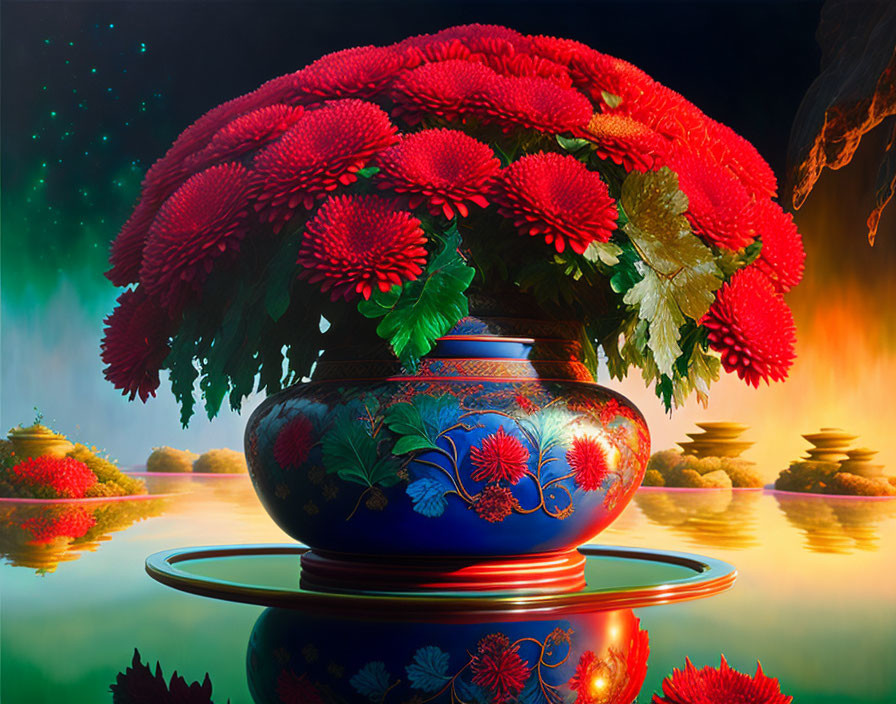 Colorful oversized bouquet in blue vase on fantastical landscape