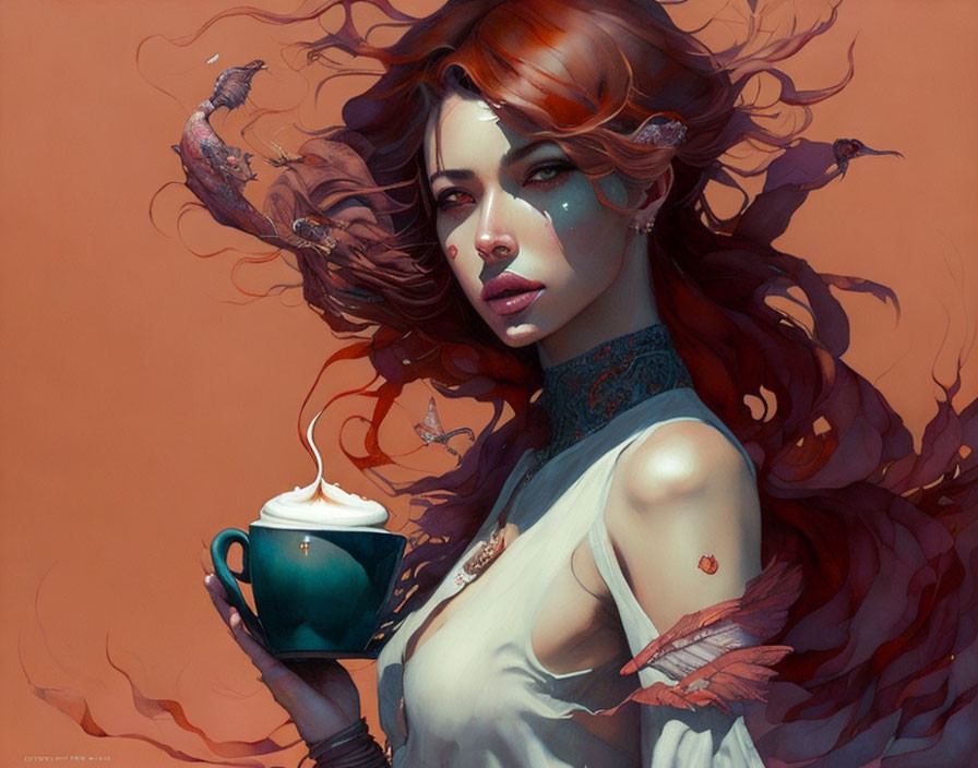 Fantasy illustration of woman with red hair holding cup, birds flying, orange backdrop