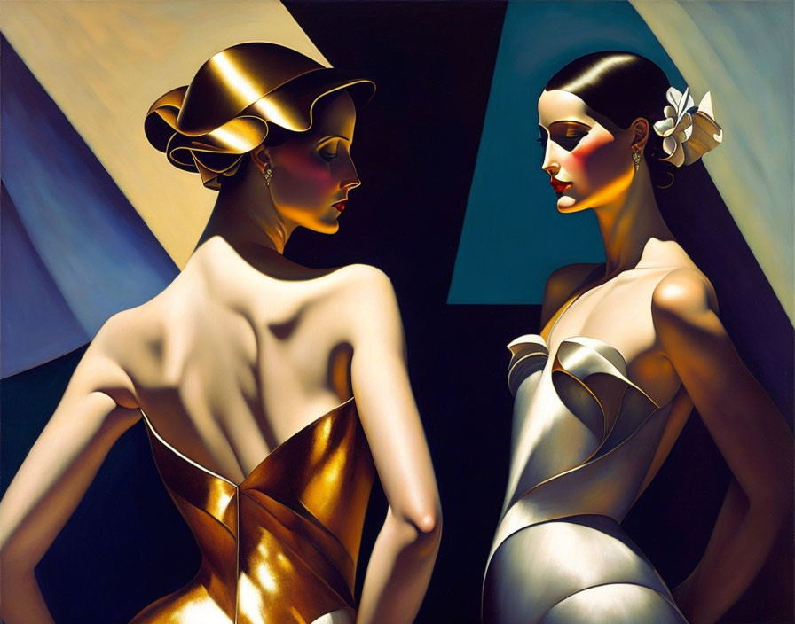 Stylized female figures in metallic dresses with art deco flair
