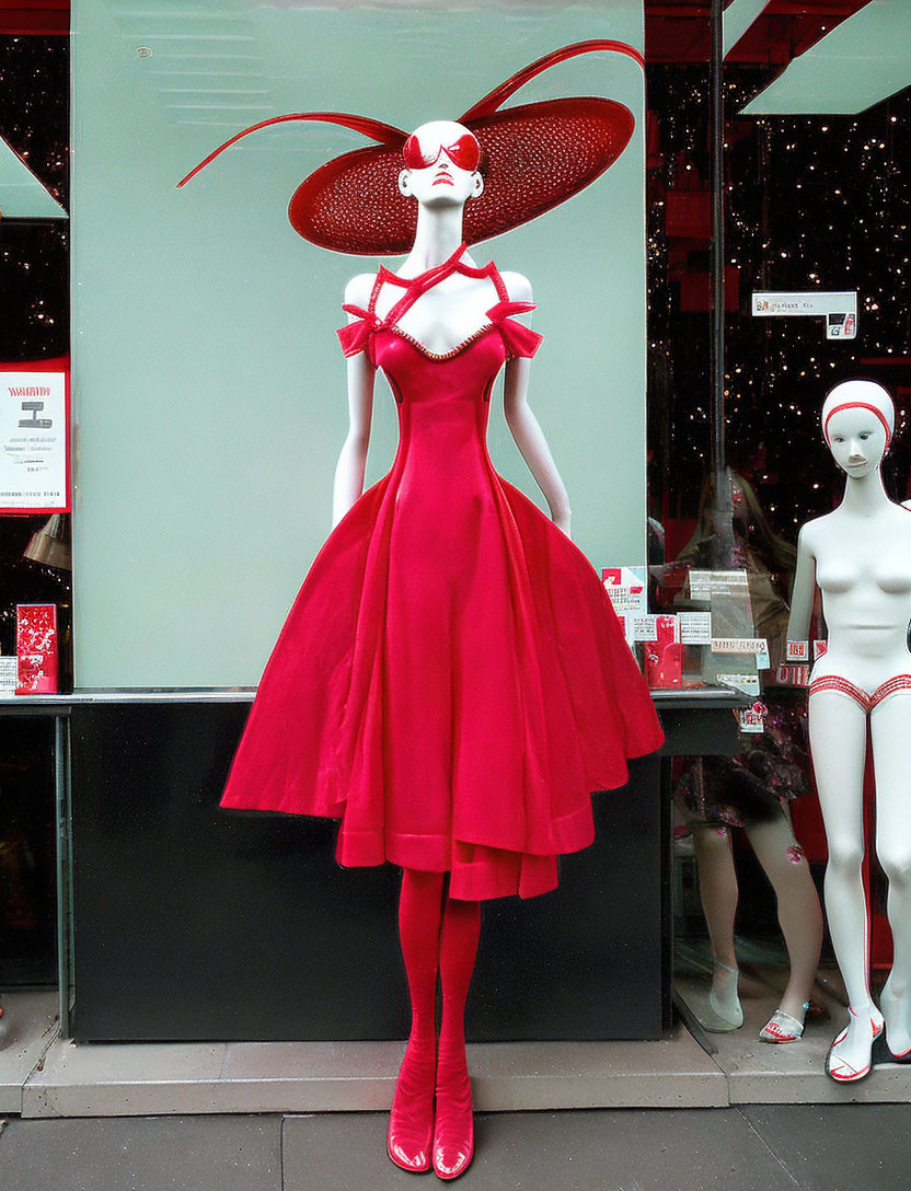 Mannequin in red dress with hat and shoes in shop window display