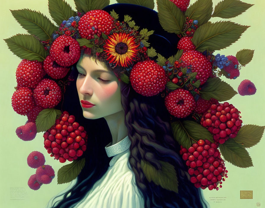 Portrait of a woman with dark hair in a hat with red berries and flowers on a green background