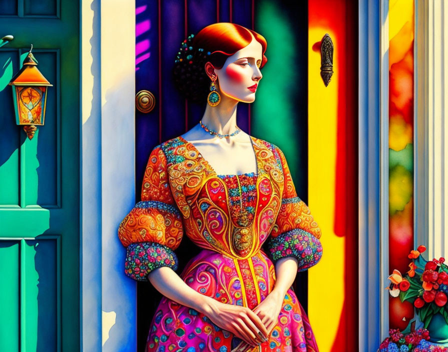 Colorful illustration: Woman in traditional dress near vibrant house facade