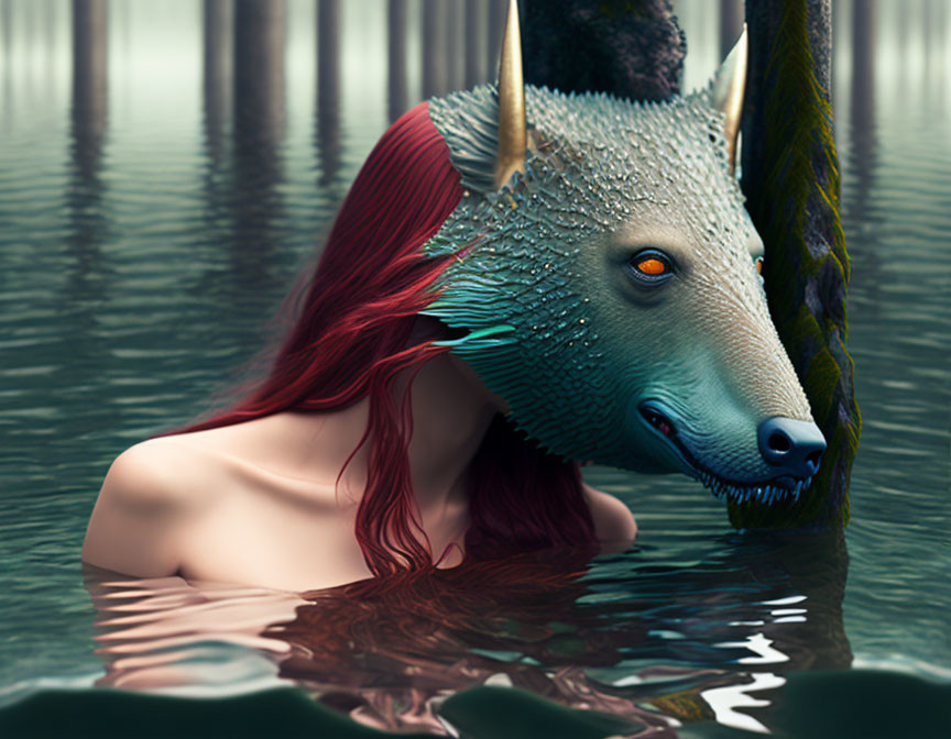 Red-haired person in realistic dragon mask emerges from water