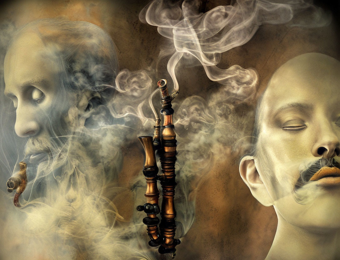 Ethereal composition of two faces in smoke swirls with central hookah