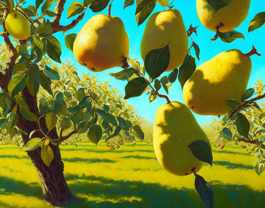 Colorful illustration: Oversized pears on tree in sunny orchard