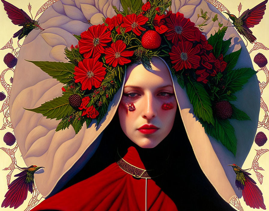 Woman with solemn expression in red flower headpiece and tear-like jewels.