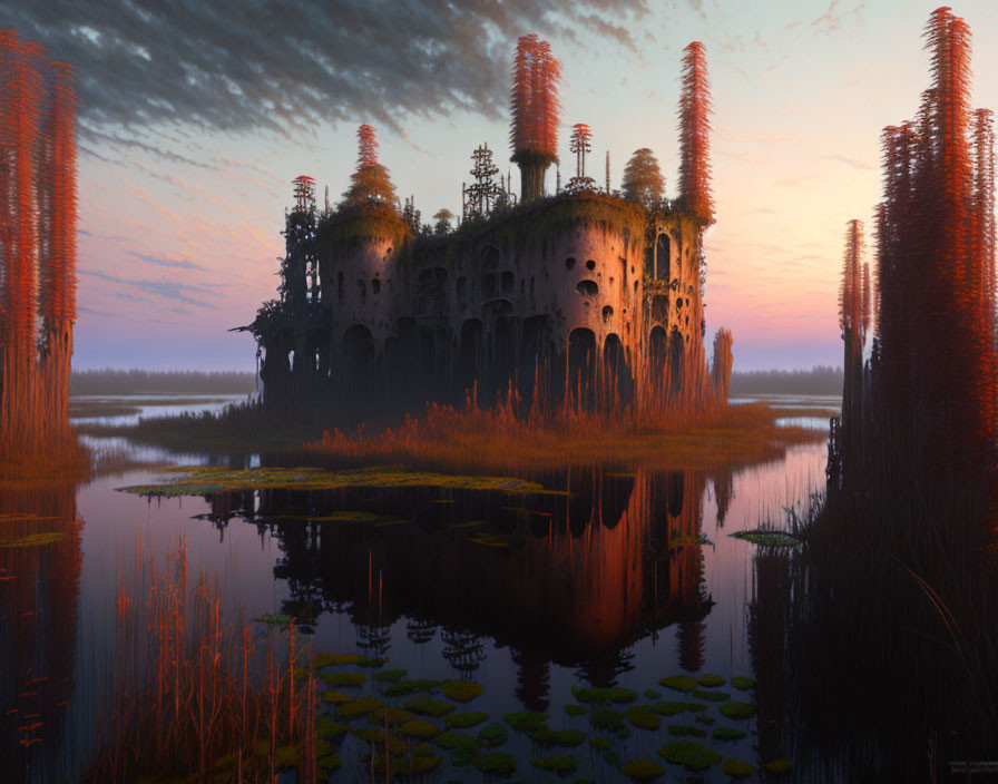 Surreal landscape with ancient building and tree-like structures reflected in water