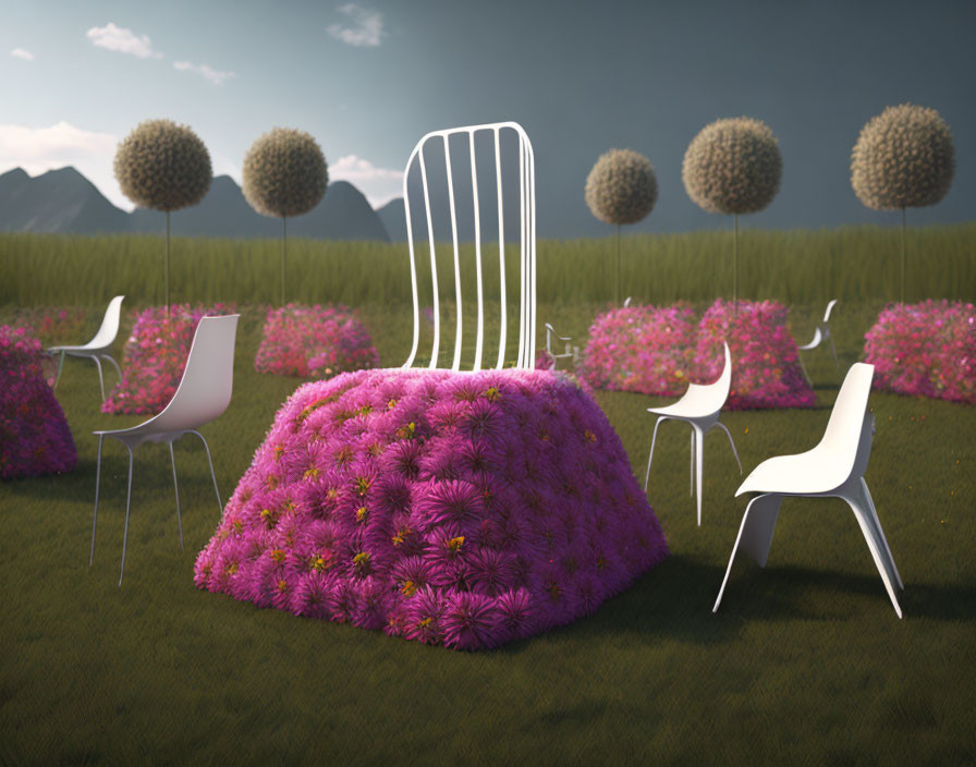 Surreal outdoor scene: oversized flower chairs, white chairs, spherical trees