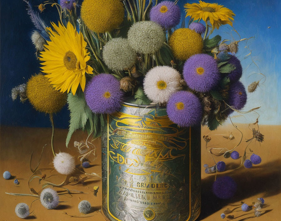 Colorful Still Life Painting: Sunflowers and Purple Flowers in Golden Tin on Blue Background