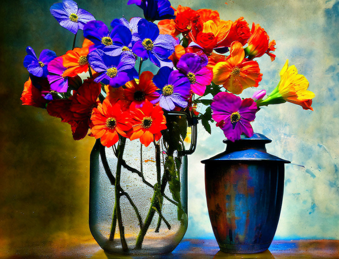 Purple and Orange Flowers in Glass Vase with Blue Ceramic Pot