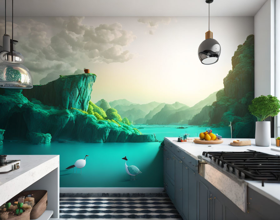 Modern Kitchen with Large Lakeside Landscape Mural