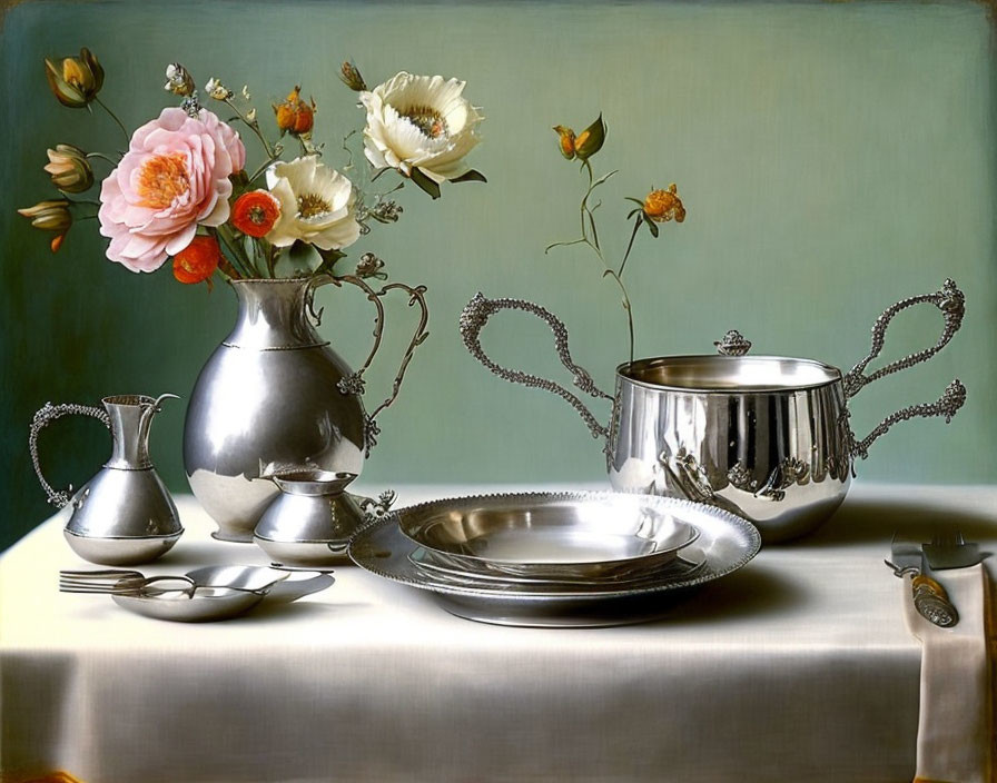 Assorted flowers bouquet with elegant silverware in still life painting