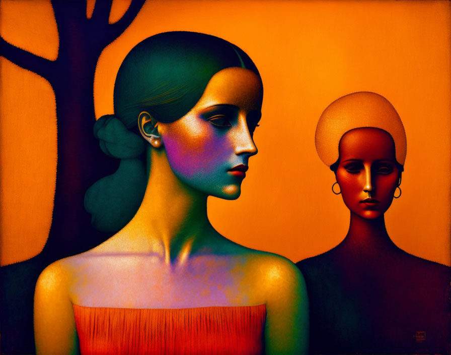 Stylized painting: Two women with elongated features on orange backdrop