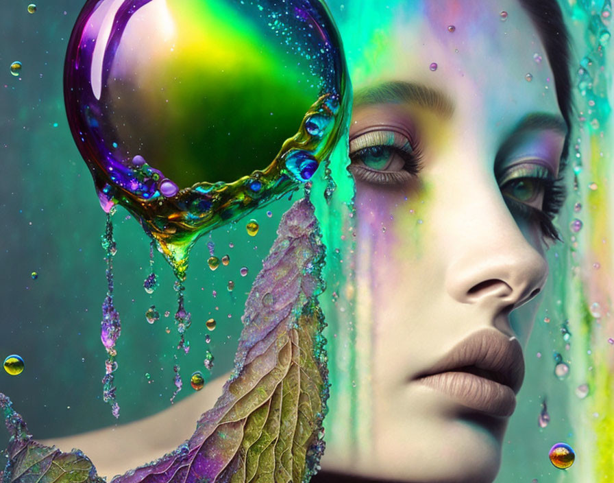 Surreal portrait of woman with vibrant liquid droplets and leaf textures