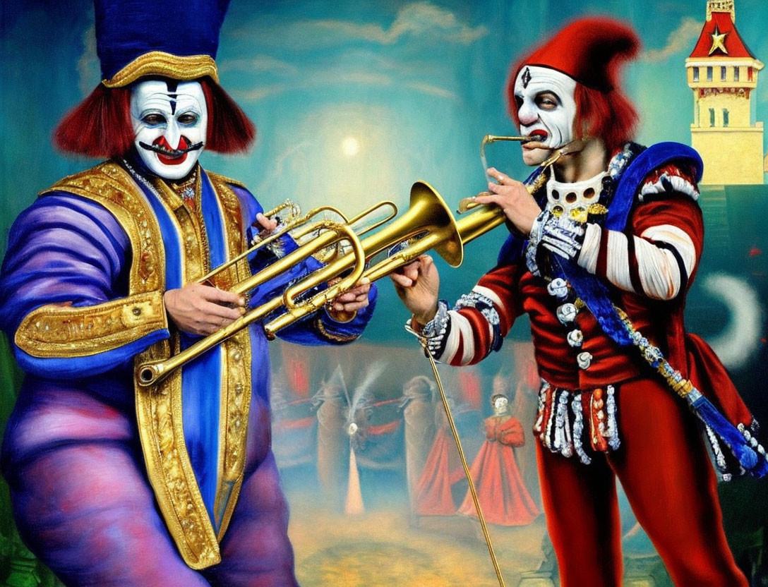 Colorful clowns playing trumpet and conducting with whimsical castle.