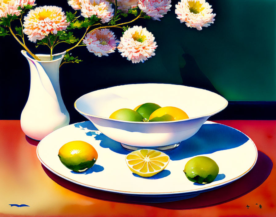 Colorful Still Life Painting with Lemons, Limes, and Pink Flowers