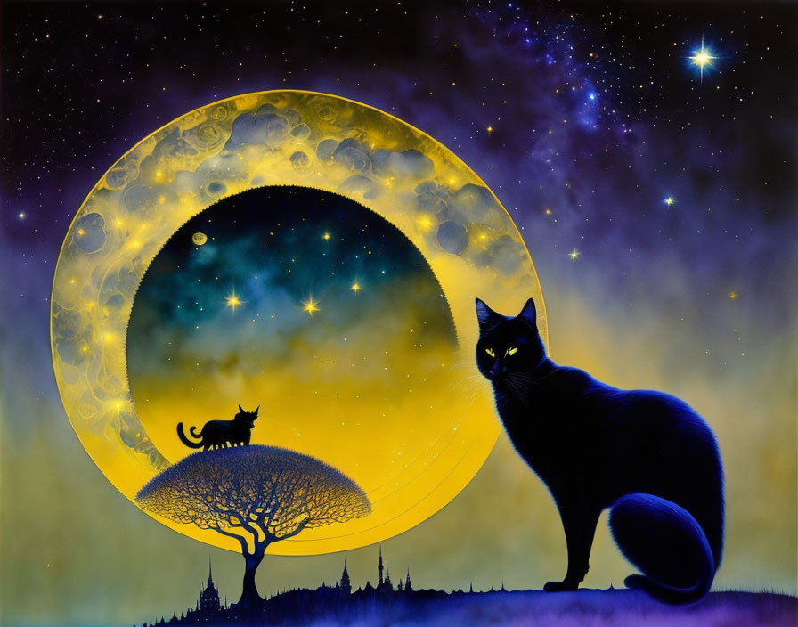 Cat Silhouette on Night Sky with Moon and Stars