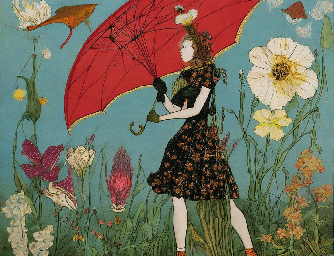 Vintage Illustration: Woman with Umbrella in Garden with Flowers & Butterflies