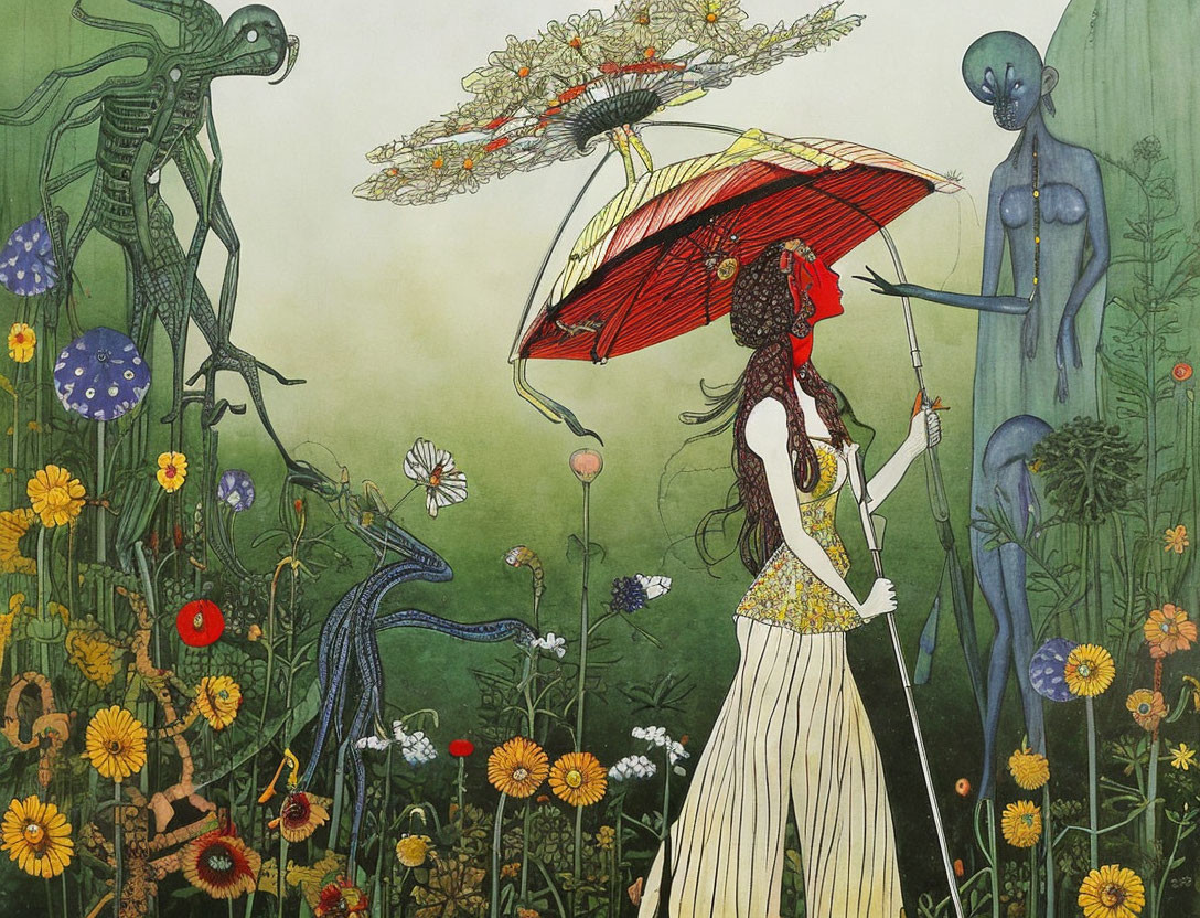 Fantasy-themed illustration of woman with umbrella in white dress among vibrant flora