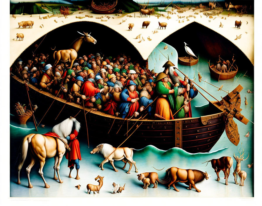 Vibrant Noah's Ark painting with diverse animals and people in a flood landscape