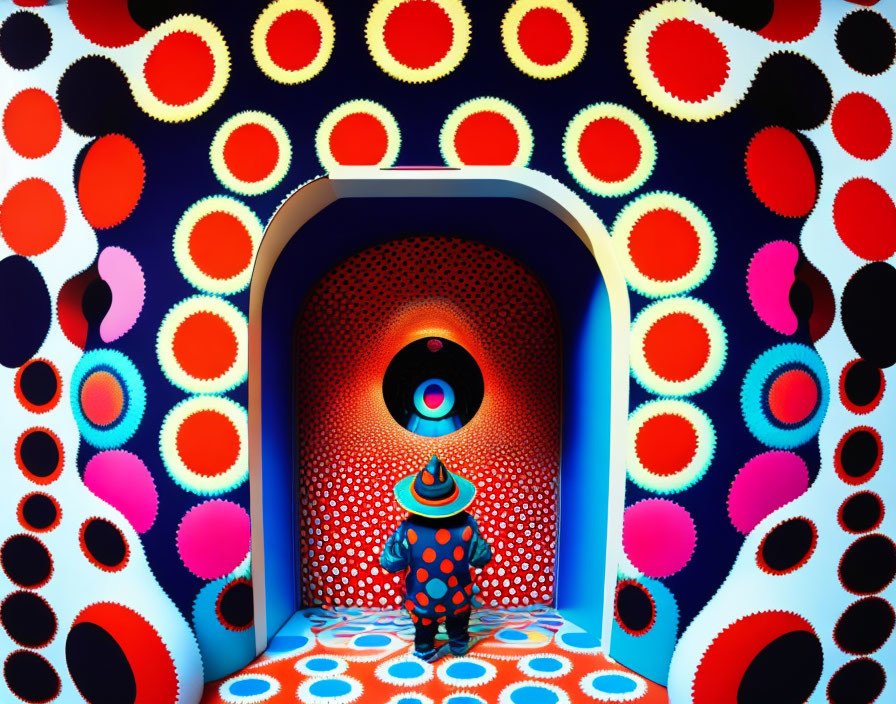 Colorful clown costume in psychedelic hallway with concentric circles