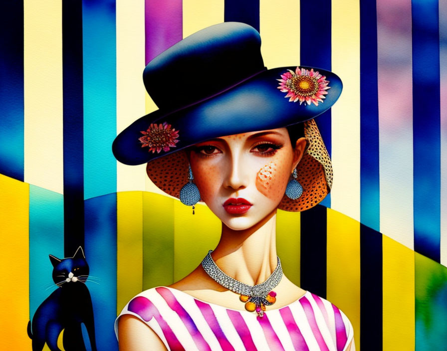 Colorful illustration of stylish woman with wide-brimmed hat and black cat