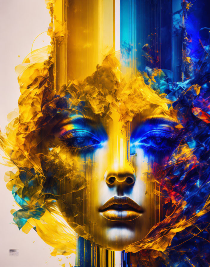 Digital artwork: Woman's face with blue eyes in abstract golden and blue smoke textures