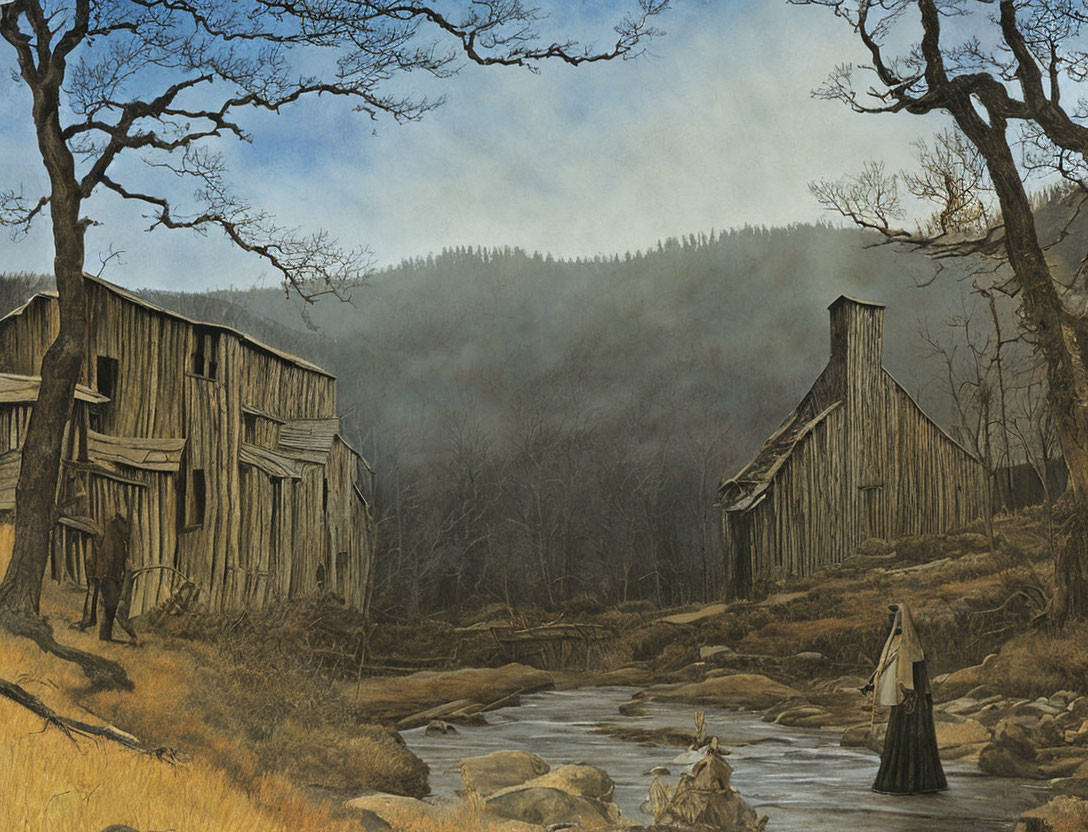 Rustic wooden hut, barren tree, woman in bonnet by riverbed, foggy hills