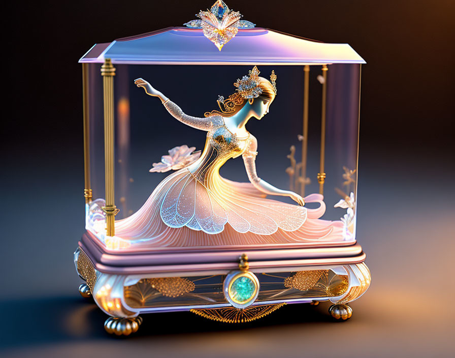 Detailed 3D digital illustration of miniature ballerina in glass music box