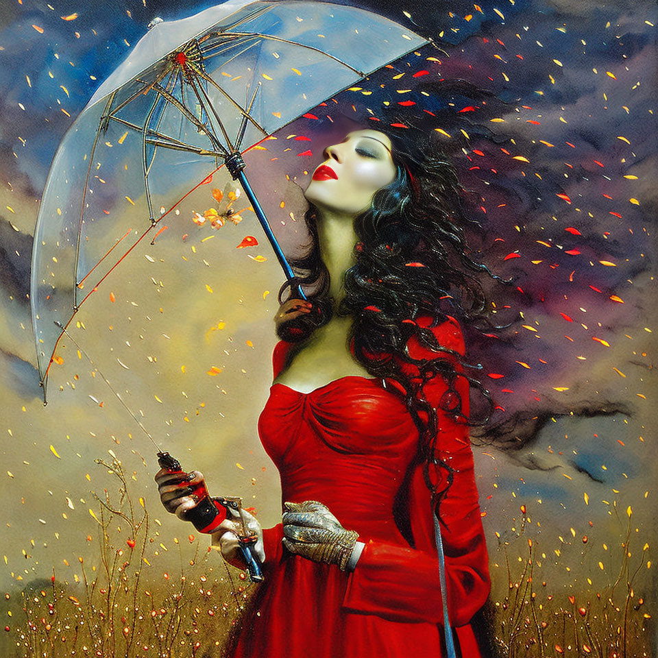 Woman in Red Dress with Umbrella Surrounded by Flowers and Colorful Leaves under Stormy Sky