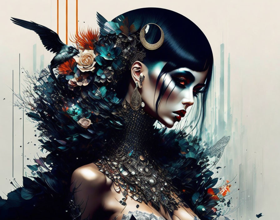 Stylized female figure in dark feathered attire with flowers and jewelry on abstract cityscape.