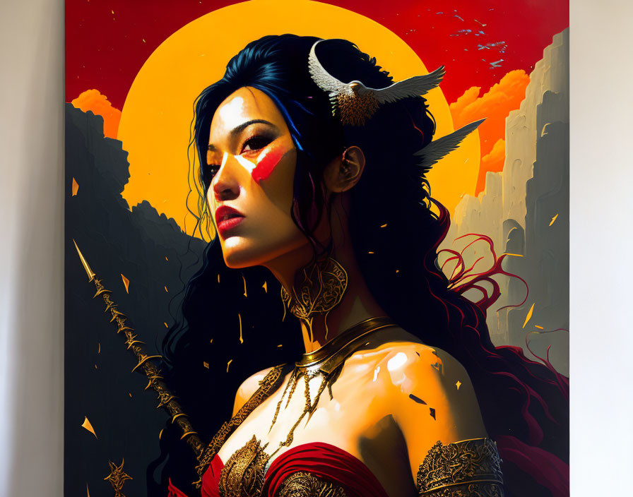 Warrior woman portrait with horned helmet against red sun and battlefield