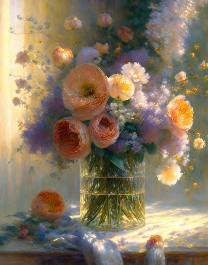 Colorful bouquet painting with peach and purple flowers in glass vase