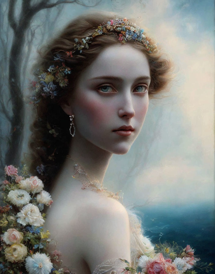 Woman with Floral Headdress and Bouquet in Misty Setting