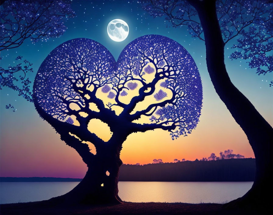 Tree silhouette forming heart under starry sky and full moon by water at sunset