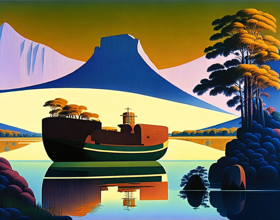 Colorful ship painting with reflective water, rounded trees, and snow-capped mountains