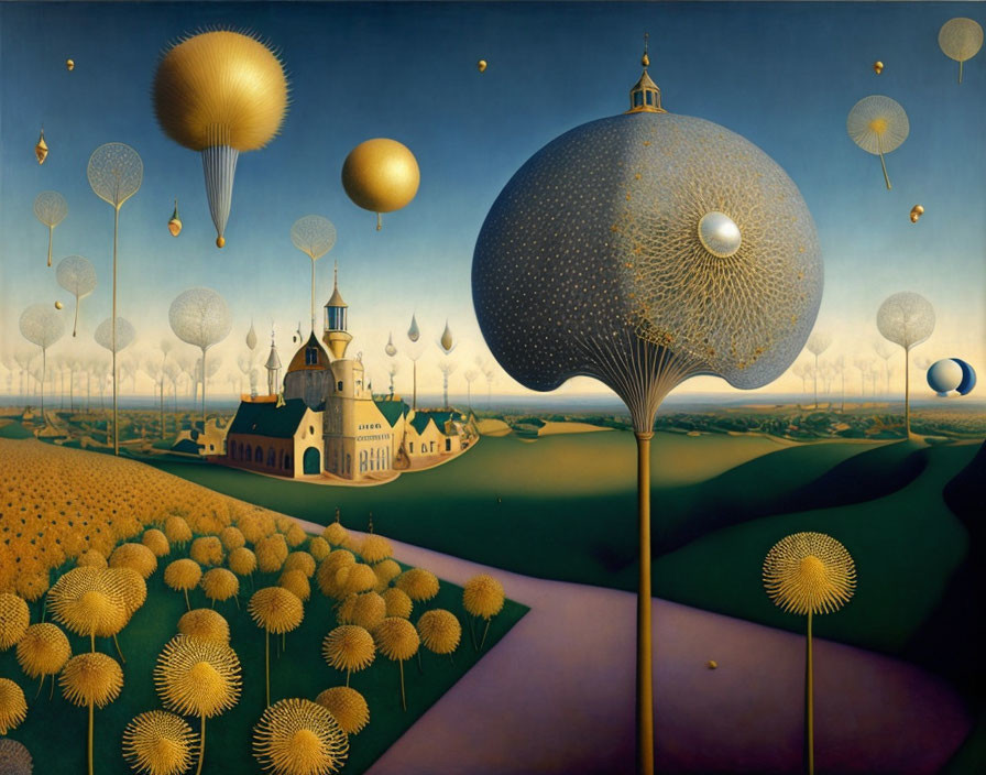 Surreal landscape with dandelion-like structures and floating balloons