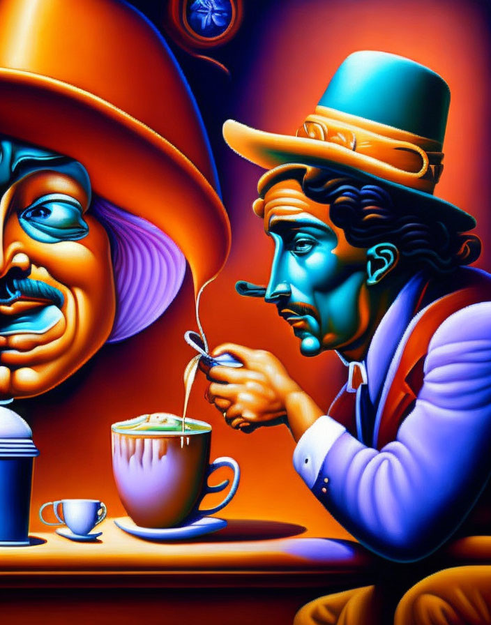 Vibrant surreal artwork: exaggerated figures with coffee cup.