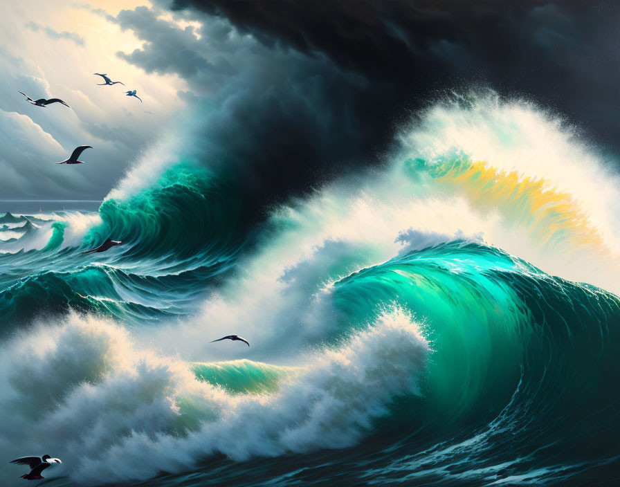 Dramatic painting of turbulent sea waves and birds under sunlight piercing clouds