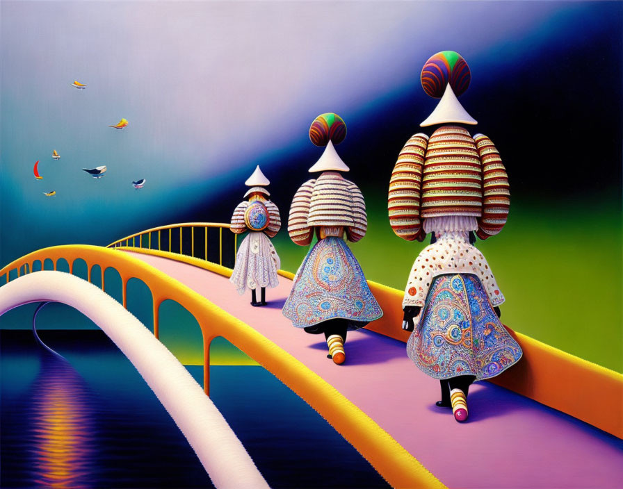 Colorful surrealistic bridge with figures in patterned outfits