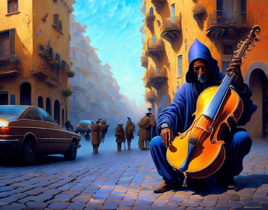 Man in blue robe playing lute on sunlit street with pedestrians and old car.