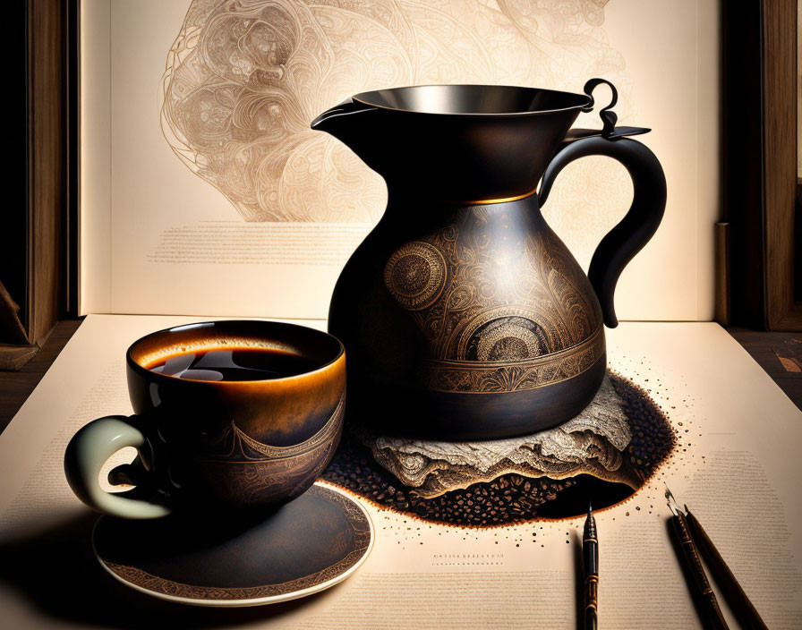 Elegant black coffee pot and cup with gold patterns on a table with book, beans, and pen